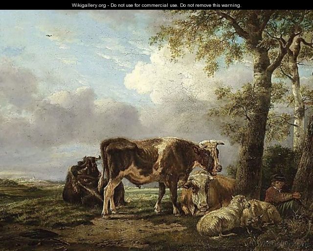 A Shepherd Boy And His Cattle Resting Besides A Tree - Anthony Jacob Offermans