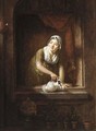 A Maid In A Window Watering Plants - Dutch School
