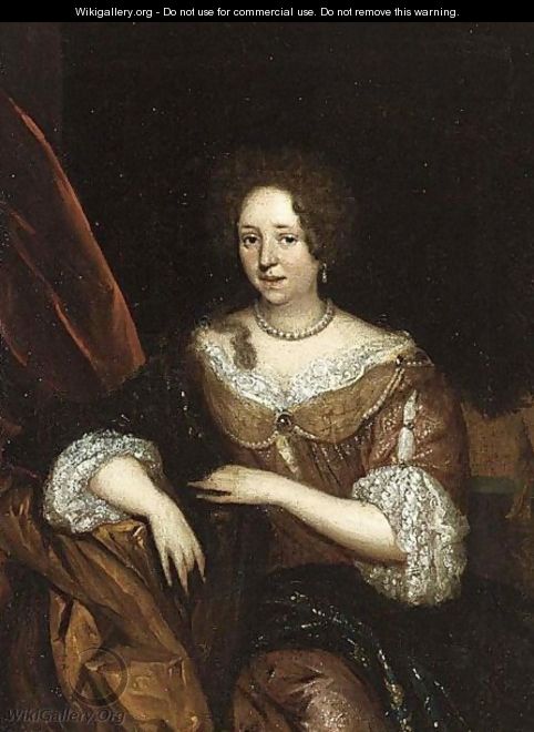A Portrait Of An Elegant Lady, Seated Three-Quarter Length, Wearing A Yellow Dress With A Lace Collar And Sleeves And A Pearl Necklace - (after) Roelof Koets II