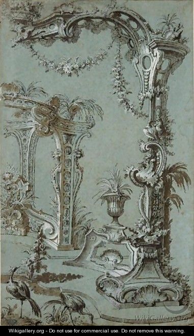 A Rocaille Fantasy With A Garden Decorated With A Rococo Trellis, A Fountain With Two Dolphins In The Background And Two Herons In The Foreground - Jacques de Lajoue