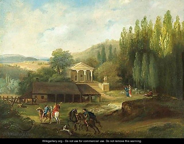 Riders In An Extensive Landscape, With A Classical Temple In The Middle Distance - German School