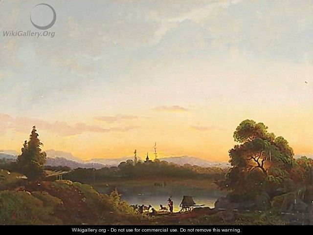 Landscape With Shepherd By A Lake At Dusk, With A Church Beyond - Continental School