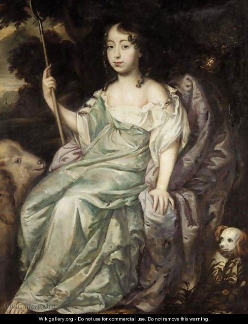 Portrait Of A Girl Holding An Houette, Sheep And A Small Dog Beside - (after) Sir Peter Lely
