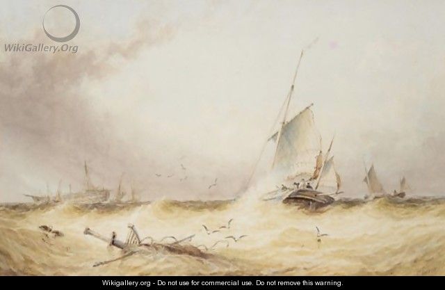 Fishing Boats And A Wreck In Choppy Seas - George Stainton
