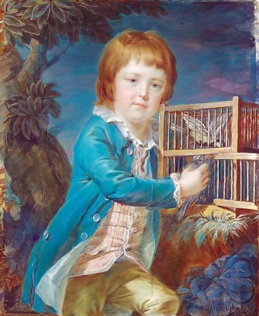 Portrait Of A Boy Holding A Birdcage - English School