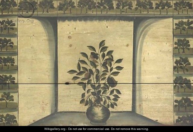 A Pot Of Flowers In A Recessed Fireplace Surrounded By Tiles Of Trees - American School