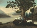 A Bucolic Scene White Horse, Shepherd, Sheep And Cows Beneath Leafy Tree - American School