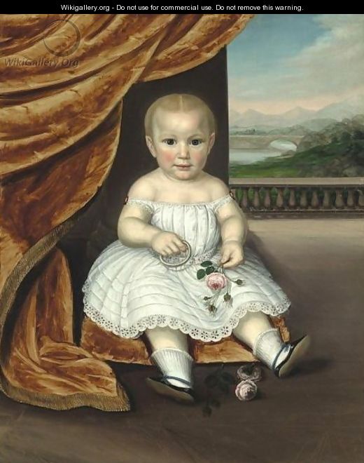A Portrait Of A Baby In White Eyelet Dress Holding Rose Blossoms And A Circlet - American School