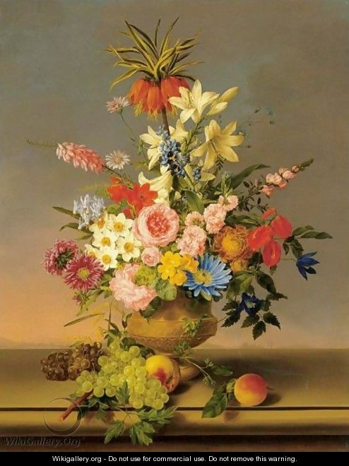 Still Life Of Various Flowers In A Vase With Bunches Of Grapes And Peaches, All Resting On A Ledge With A Landscape Beyond 2 - Leopold van Stoll