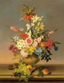 Still Life Of Various Flowers In A Vase With Bunches Of Grapes And Peaches, All Resting On A Ledge With A Landscape Beyond 2 - Leopold van Stoll