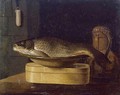 Still Life Of A Carp In A Bowl Placed On A Wooden Box, All Resting On A Table - (after) Sebastien Stoskopff