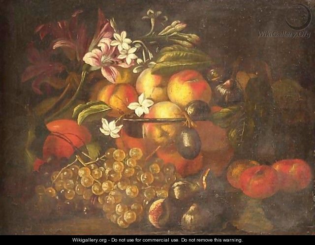 A Still Life Of Peaches And Plums In A Glass Bowl, Together With Grapes, Figs And Flowers, All Resting On A Ledge - Roman School
