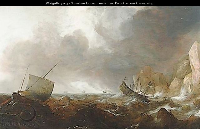 Fishing Boats In A Stormy Sea - (after) Simon De Vlieger