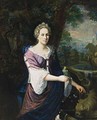 A Portrait Of A Lady, Standing Three-Quarter Lenght Near A Fountain, Wearing A Purple Dress With White Undergarment And A Blue Shawl, Holding A Parrot On Her Right Hand, A Dog In The Foreground - Barend Van Kalraet