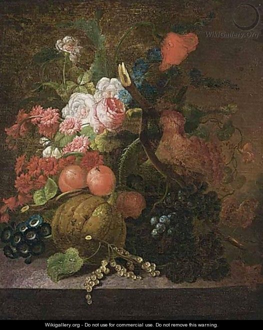 A Still Life Of Roses, Grapes, Berries, Peaches And A Pumpkin On A Marble Ledge - Dutch School