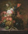 A Still Life Of Roses, Grapes, Berries, Peaches And A Pumpkin On A Marble Ledge - Dutch School