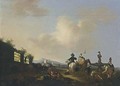 A Landscape With Horsemen, Figures And Dogs Gathered Around A Fountain, A Village In The Distance - (after) Carel Van Falens Or Valens