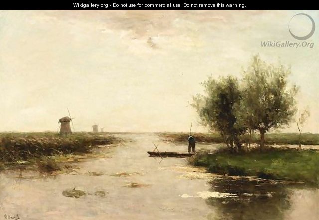 A Polder Landscape With A Peasant In A Barge - Victor Bauffe