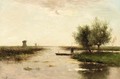 A Polder Landscape With A Peasant In A Barge - Victor Bauffe