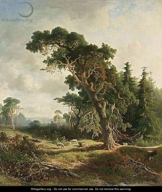 A Sheperd And His Flock In A Wooded Landscape - Johannes Warnardus Bilders