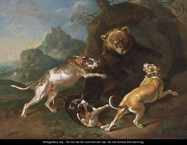 A Hunting Scene With Dogs Bringing Down A Bear - (after) Ferdinand Phillip De Hamilton