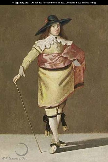 A Portrait Of A Gentleman, Standing Full Lenght, Wearing A Yellow Suit With Lace Collar And Cuffs And A Red Cloak, Holding A Stick In His Right Hand - (after) Pieter Jansz. Quast