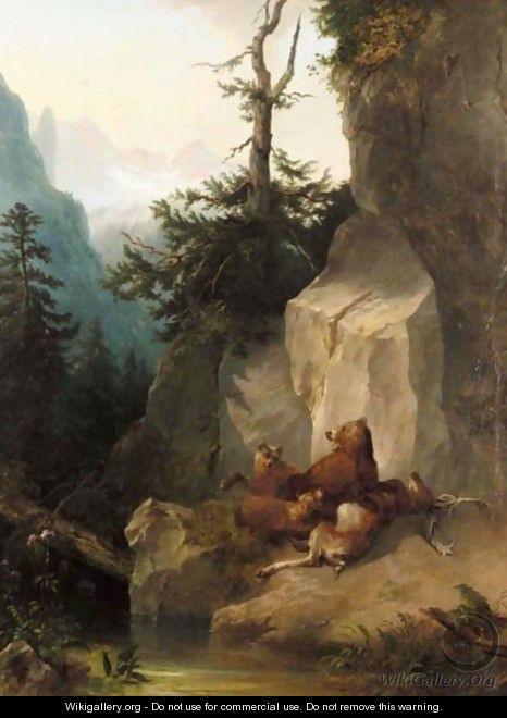 Bears In An Alpine Forest - Friedrich Gauermann