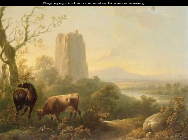 Cattle And Horse Grazing In A Valley Landscape - (after) Charles Towne