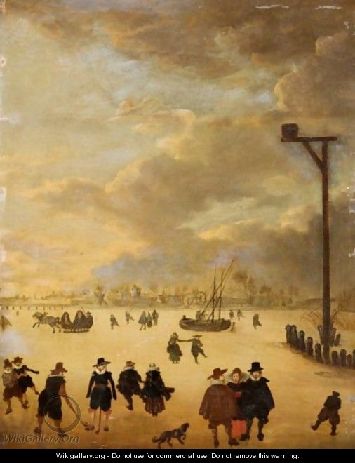 A Winter Landscape With Elegant Figures Skating And Playing Kolf On A Frozen River - (after) Anthonie Verstraelen