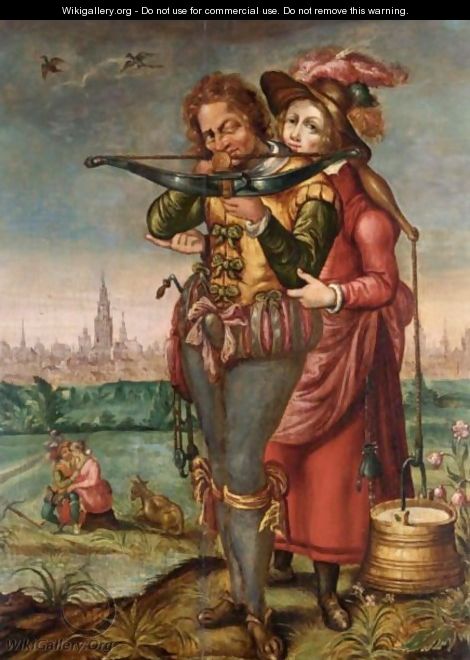 A Crossbowman And A Maid In A Landscape Before A Town - (after) Hendrick Goltzius
