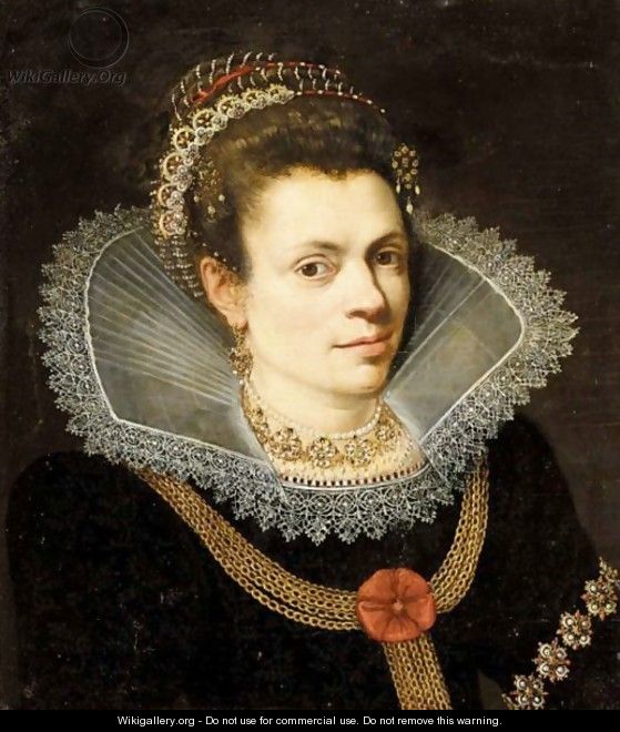 A Portrait Of A Lady, Head And Shoulders, Wearing A Black Dress, A White Ruff, A Pearl Necklace And A Diadem In Her Hair - (after) Joseph The Elder Heintz