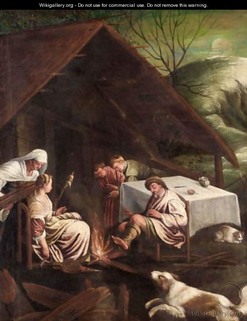 Figures Seated Beside A Fire Outside A Cottage - Francesco Da Ponte (Francesco Bassano Il Giovane)