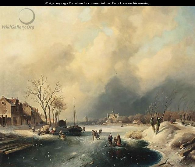 Figures On The Ice By A Dutch Town 2 - Charles Henri Leickert