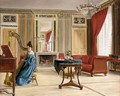 An Interior With A Young Girl Playing A Harp - French School