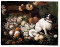 A Still Life Of Peaches, Grapes Pears And Other Fruits With A Dog - French School
