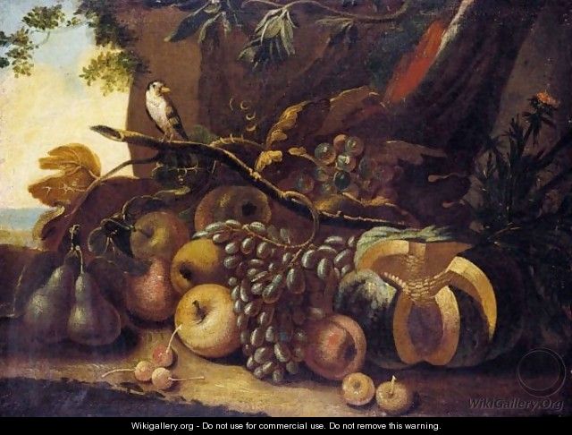 A Still Life Of Grapes, Pears, Apples, Cherries, A Melon, And A Songbird In A Landscape - North-Italian School