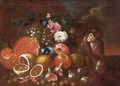 Still Life With A Pomegranate, Grapes, Lemons, Flowers, Apples, Red Currents, Gooseberries, Figs And A Monkey - German School