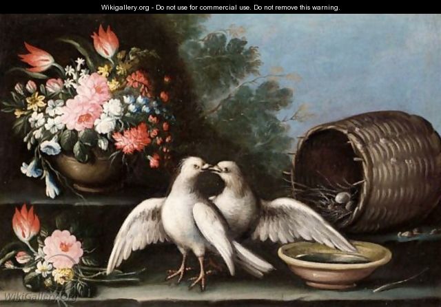 Still Life Of Two Doves, A Nest In A Basket, Flowers In An Urn And A Bowl Of Water, Together In A Landscape - Italian School