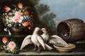 Still Life Of Two Doves, A Nest In A Basket, Flowers In An Urn And A Bowl Of Water, Together In A Landscape - Italian School