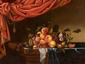 Still Life Of Peaches, Plums, Grapes Figs, And Cherries Upon A Velvet Cloth On A Tabletop - French School