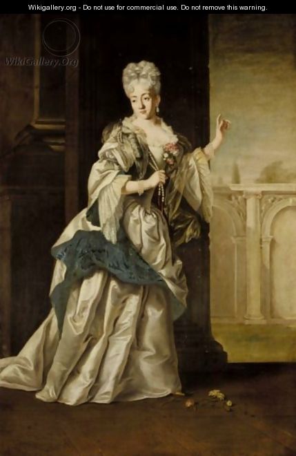A Portrait Of A Noblewoman, Full Length, Standing In A Classical Palace And Wearing A White Satin Dress And Pearl Neclace - (after) Giovanni Maria Delle, Called Mulinaretto Piane