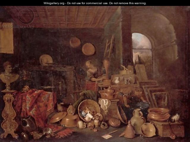 A Kitchen Still Life With Various Cooking Utensils, A Suit Of Armour, A Bust, A Rug And Two Figures Cleaning Pots And Pans - Gian Domenico Valentino