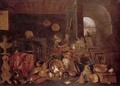 A Kitchen Still Life With Various Cooking Utensils, A Suit Of Armour, A Bust, A Rug And Two Figures Cleaning Pots And Pans - Gian Domenico Valentino