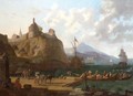 A Mediterranean Harbour Scene With Numerous Figures On A Quay Beneath A Fort - (after) Adriaen Van Der Cabel