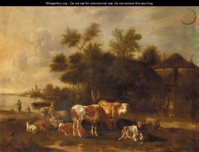 A River Landscape With Cattle And Sheep Before Farm Buildings - Albert-Jansz. Klomp