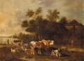 A River Landscape With Cattle And Sheep Before Farm Buildings - Albert-Jansz. Klomp