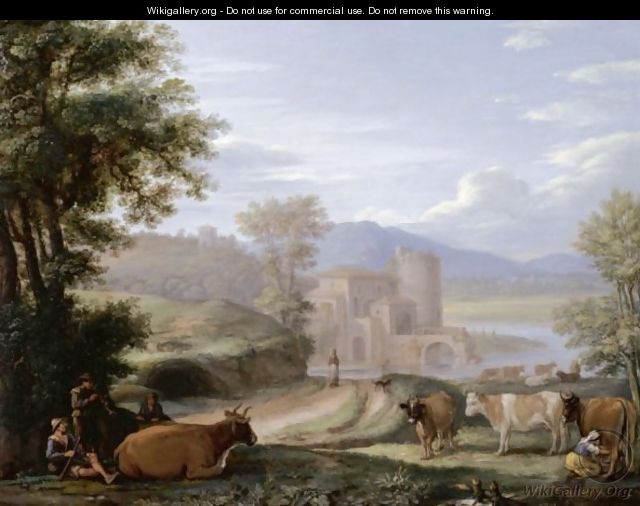 An Extensive Landscape With A Fortified City Gate By A River And Peasants With A Cattle By A Path In The Foreground - (after) Herman Van Swanevelt