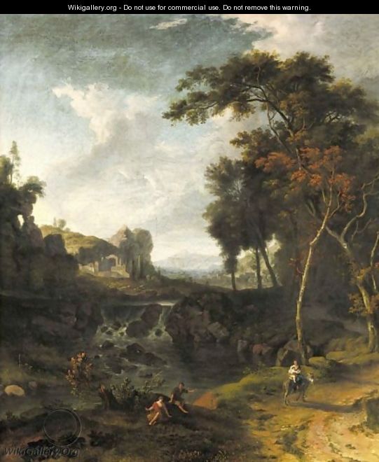 A Classical Landscape With A Mother And A Child On A Donkey - Albert Meyering