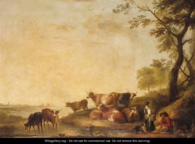 Peasants And Cattle In A River Landscape - (after) Aelbert Cuyp