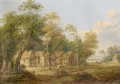 A Landscape With A Hamlet On The Edge Of A Wood, With A Family Playing Outside A House And A Drover Walking Past With A Cow - German School